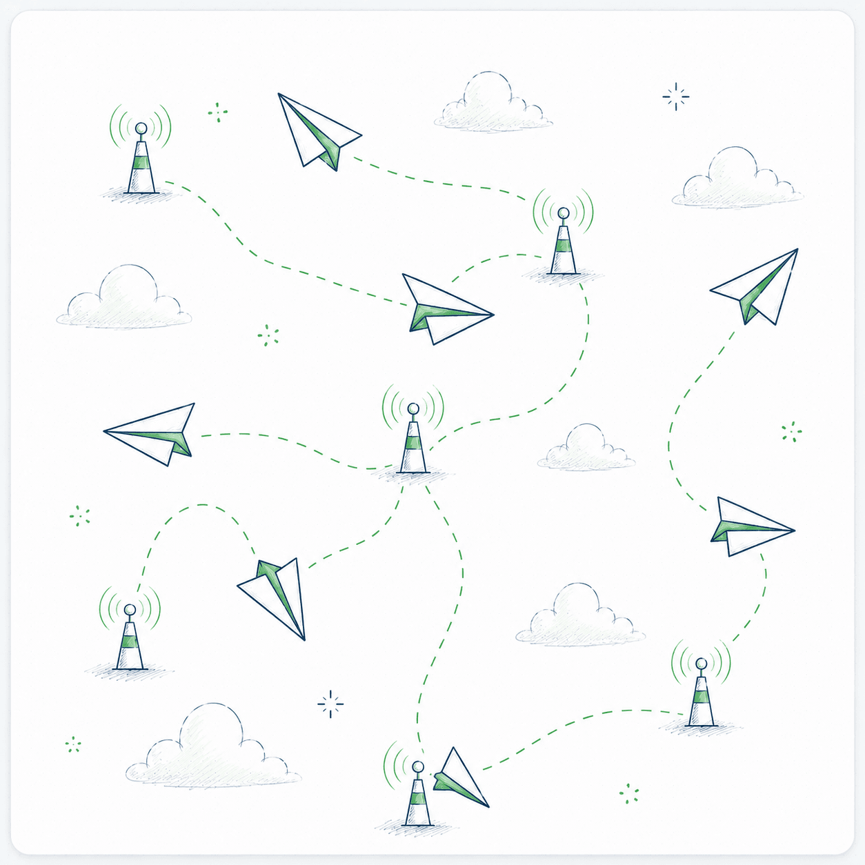 Paper planes routed between signal towers along clean delivery paths