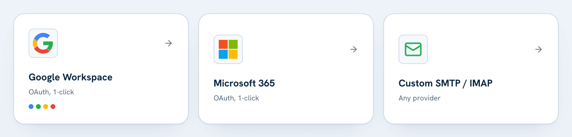 The MailStrike connect step: Google Workspace, Microsoft 365, and custom SMTP as three choices
