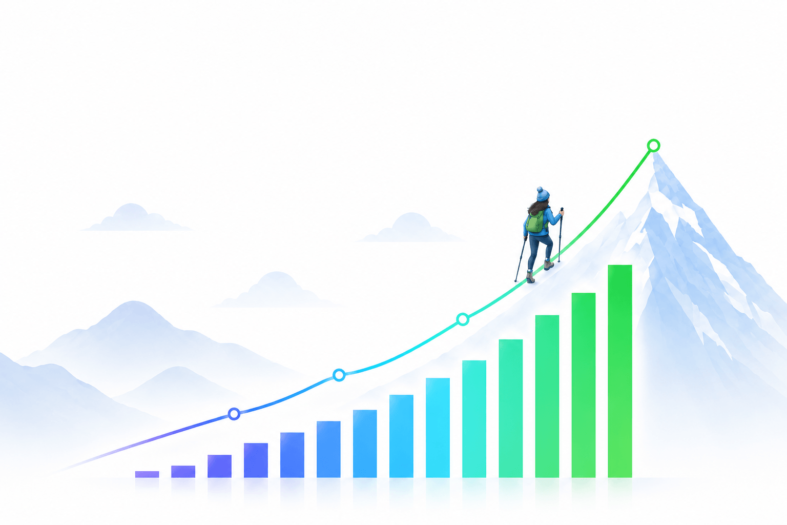Domain reputation and email revenue climbing steadily after warming with MailStrike, shown as a mountain ascent