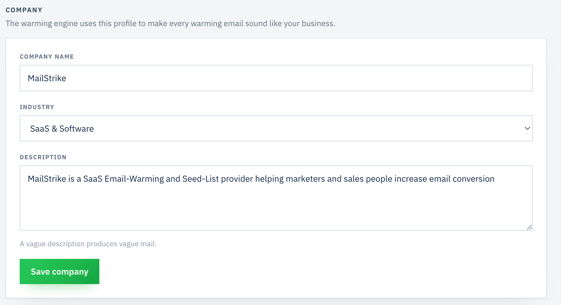 The Company screen in MailStrike: company name, industry dropdown and a short description field