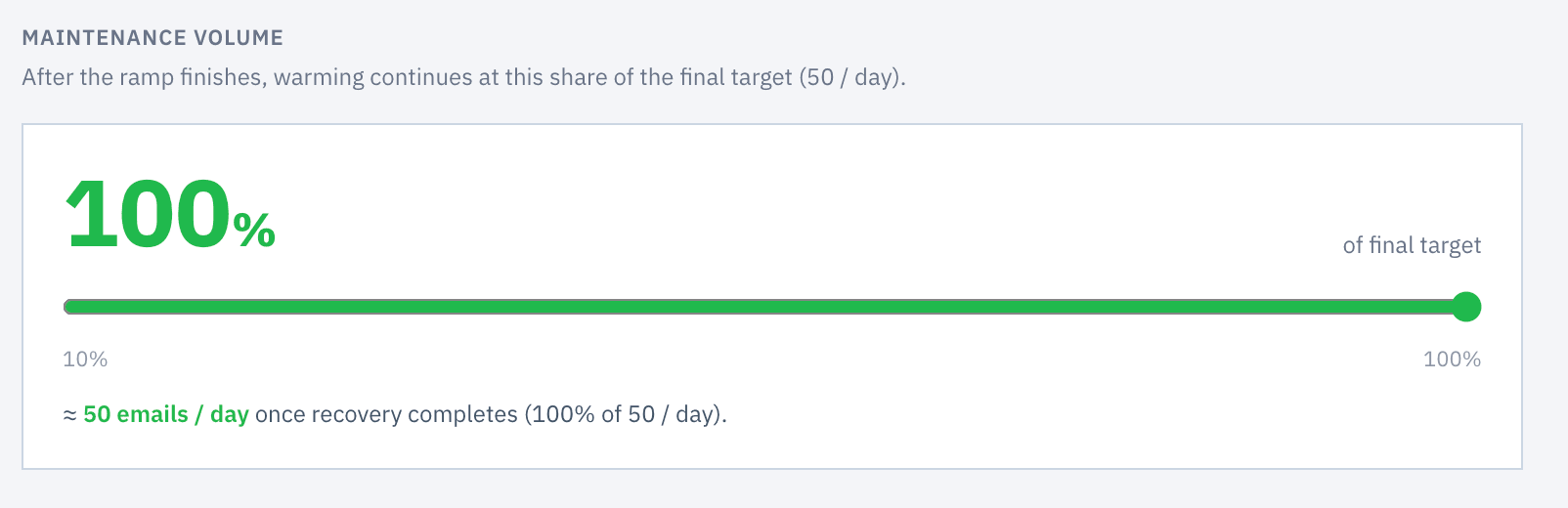 The Maintenance volume slider in MailStrike, set to 100 percent of the final target