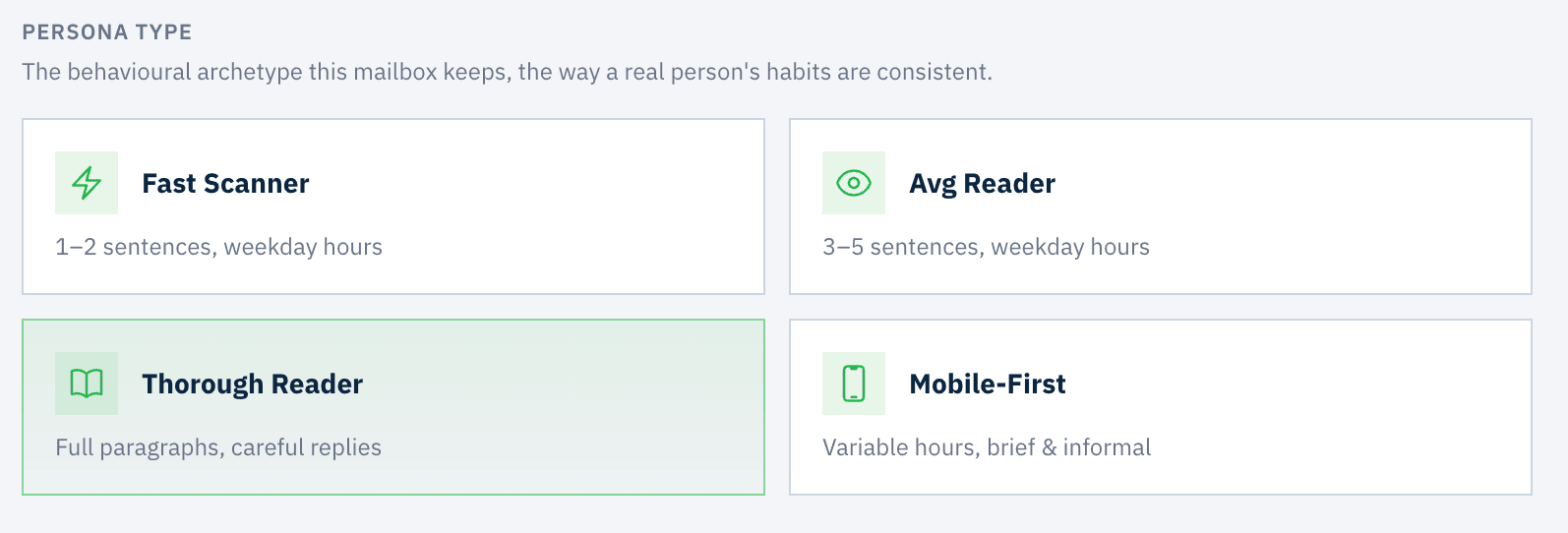 The Persona type screen in MailStrike with four options: Fast Scanner, Avg Reader, Thorough Reader and Mobile-First