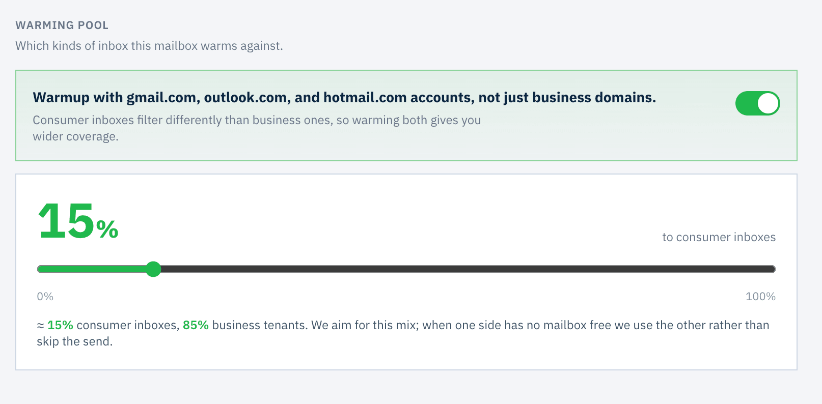 The Warming pool screen in MailStrike, consumer warming on with the share set to 15 percent