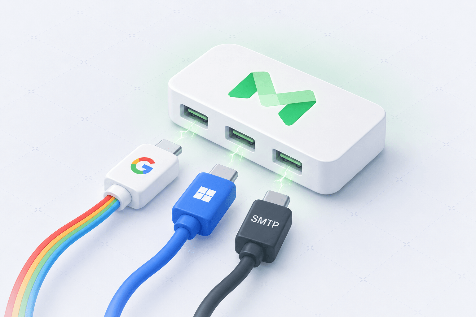Google, Microsoft, and SMTP connectors plugging into MailStrike